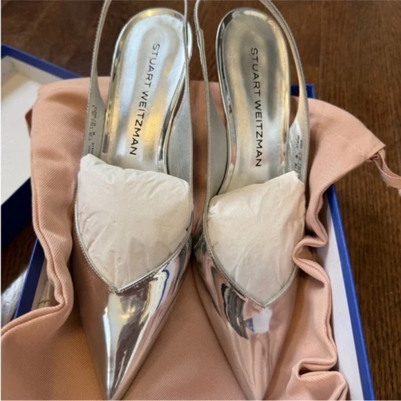 Stuart Weitzman 50 Silver Slingback Kitten Heels | Size 8 | New in Box - Picture 3 of 11